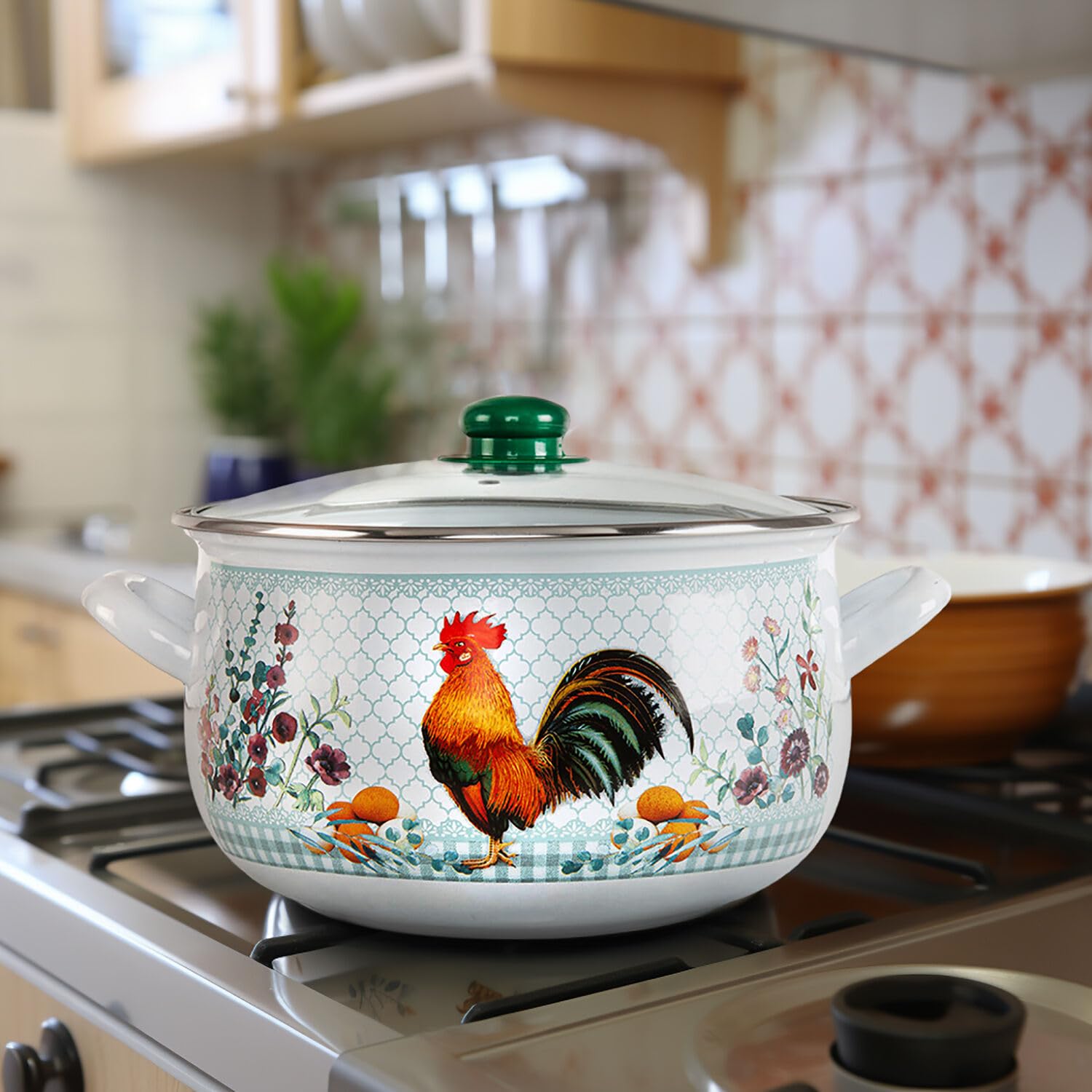 Enameled Aluminum Soup Pot Golden Rooster Belly Deep Casserole Cooking Pot with Glass Lid Enameled Camping Cookware Camping Stockpot for Cooking (2.95-qt. (2.8 L))