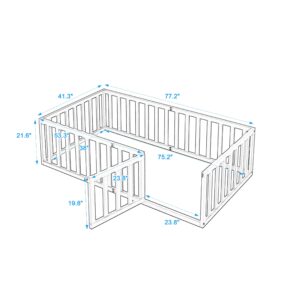 LZ LEISURE ZONE Twin Size Daybed Frame with Fence, Solid Wood Floor Bed Frame for Kids with Door, Twin Platform Bed for Boys and Girls, Gray