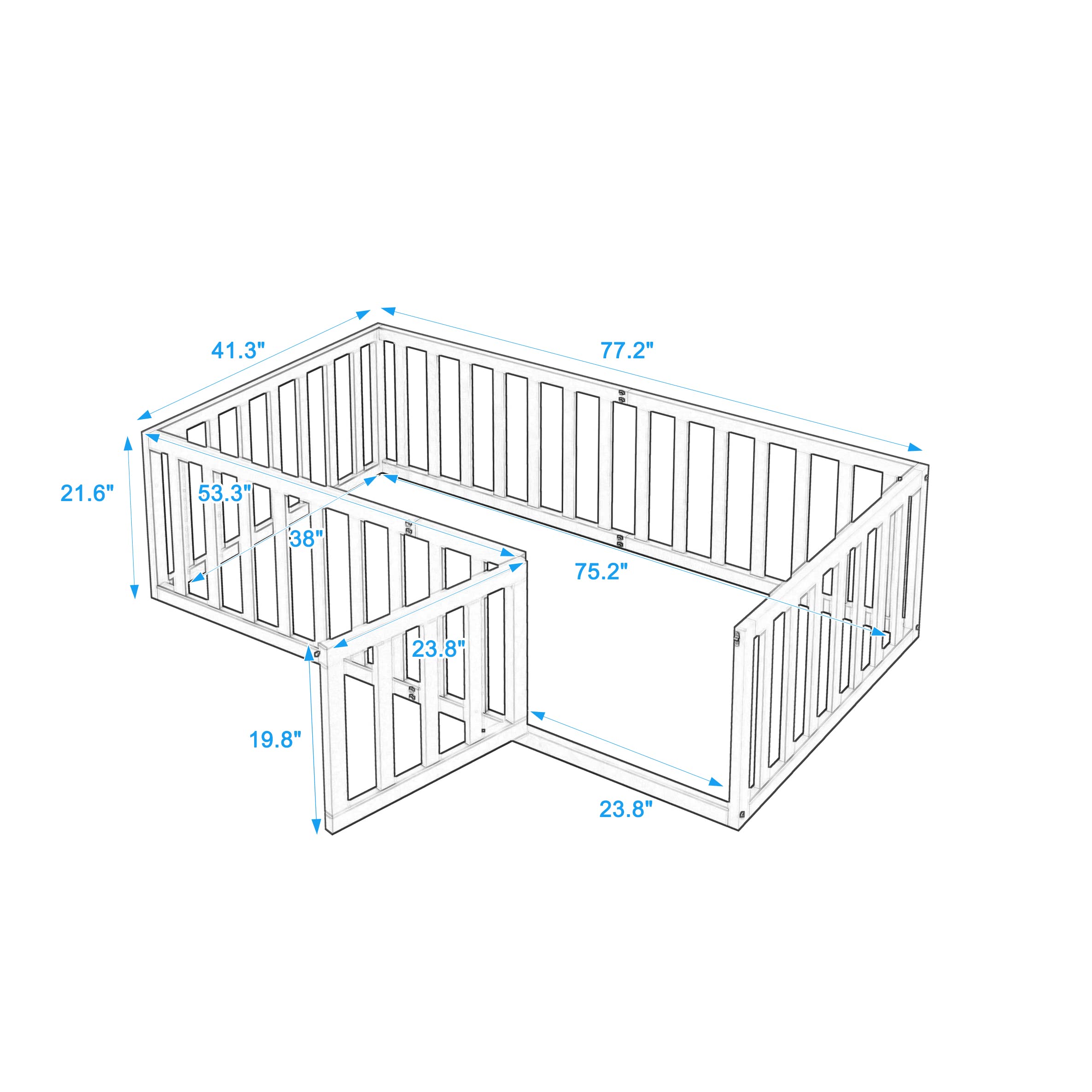 LZ LEISURE ZONE Twin Size Daybed Frame with Fence, Solid Wood Floor Bed Frame for Kids with Door, Twin Platform Bed for Boys and Girls, Gray