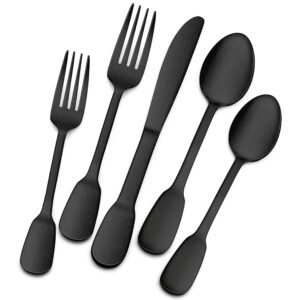 matte black silverware set for 12, e-far 60-piece stainless steel flatware cutlery set with design handle, modern metal tableware eating utensils for kitchen restaurant wedding, dishwasher safe