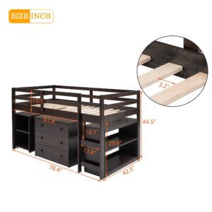 CITYLIGHT Twin Size Loft Bed with Desk, Low Study Twin Loft Bed Frame, with Cabinet and Rolling Portable Desk, Low Twin Loft Bed for Kids and Teens (Espresso)