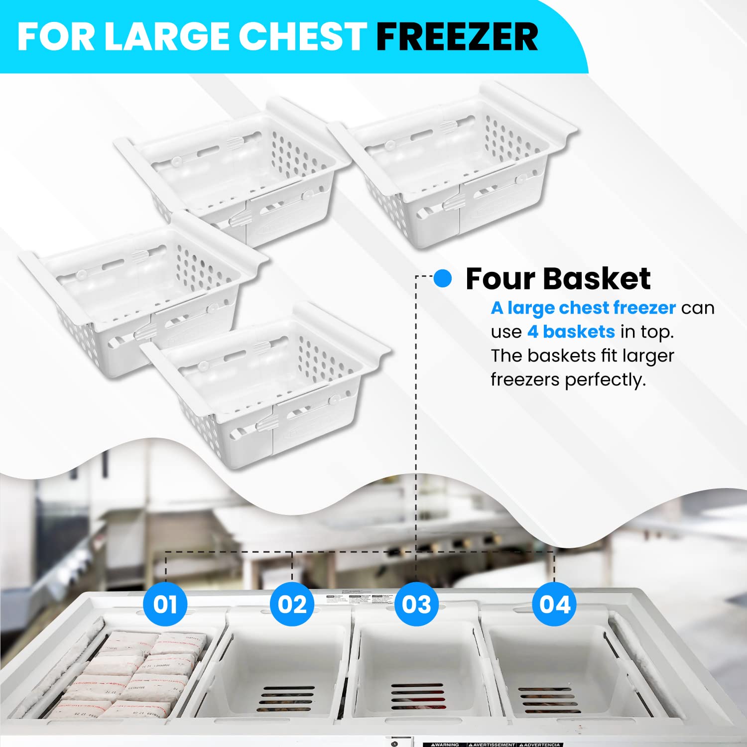 FreezerMax System. Organizer for Freezers 8 to 15 cubic feet. Creates 3 levels of sliding baskets. 8 bins and magnetic organizer. PLEASE MEASURE YOUR FREEZER BEFORE ORDERING.