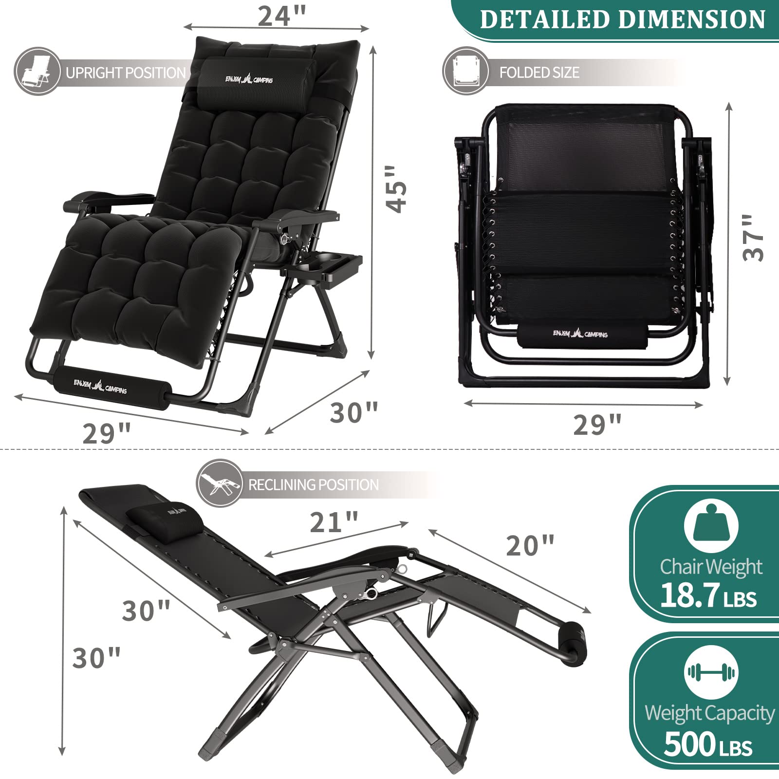 UDPATIO Oversized Zero Gravity Chair 29In XL Patio Reclining Chair with Cushion, Outdoor Folding Adjustable Recliner with Cup Holder, Foot Rest & Padded Headrest, Support 500LB