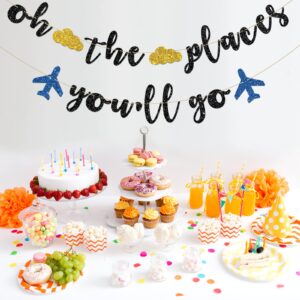 INNORU Oh The Places You'll Go Banner - Travel Theme Farewell Party Bunting Decor - Bon Voyage - Birthday Anniversary Graduation Baby Shower Party Decorations, Black Glitter