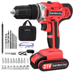 gardenjoy cordless power drill set: 21v electric drill with fast charger 3/8-inch keyless chuck 2 variable speed 24+1 torque setting and 30pcs drill/driver bits with power tool bag