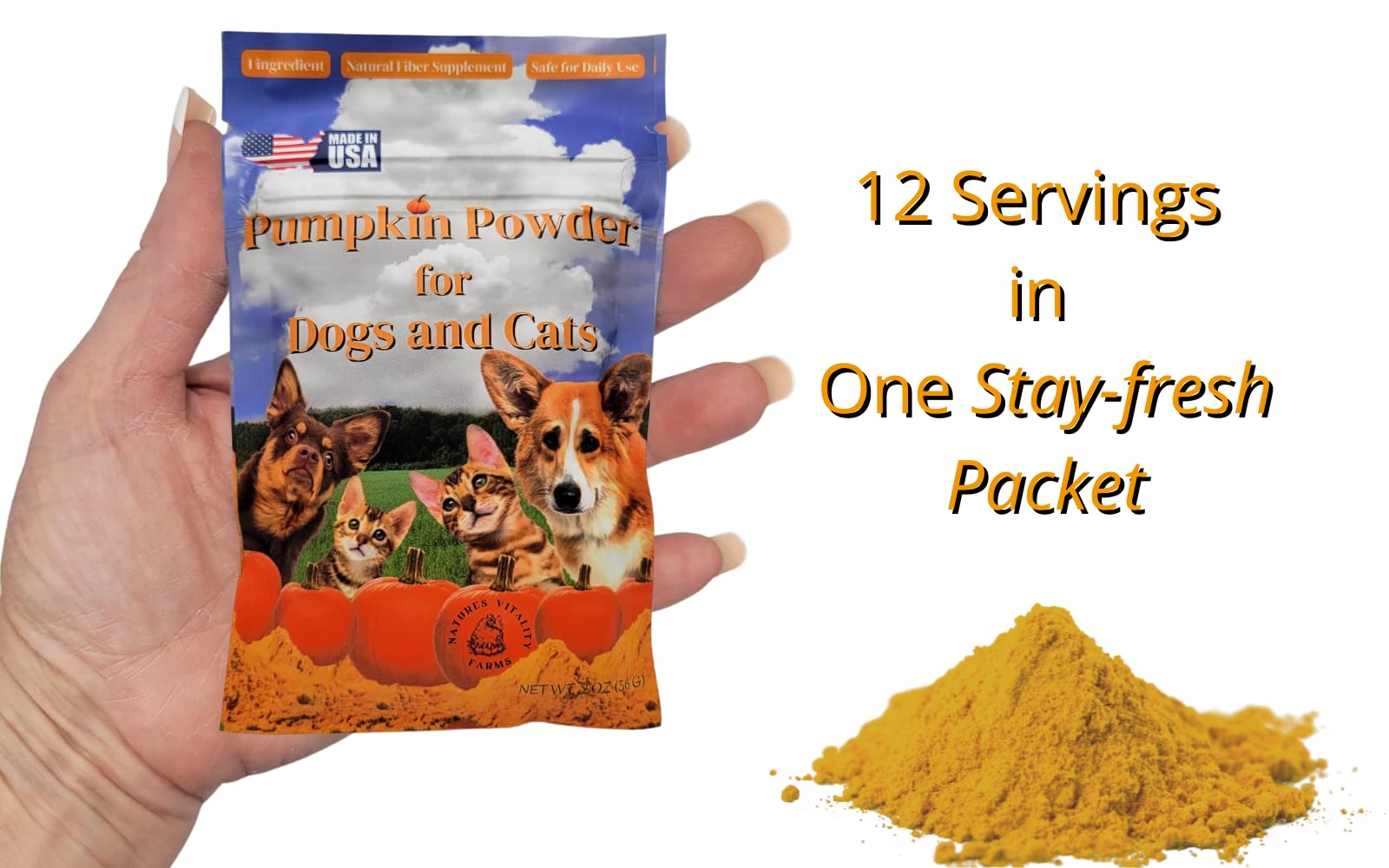 100% Pumpkin for Dogs/Cats, U.S.A. Dried Pumpkin Powder Fiber Supplement, Diarrhea/Constipation Fix, 12 Servings, Trial Packet