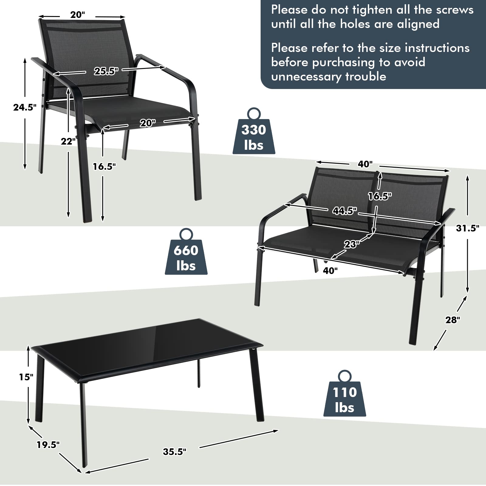 Tangkula 4 Pieces Patio Furniture Set, Outdoor Conversation Set with Tempered Glass Coffee Table, Outdoor Bistro Set with Fabric and Anti-Rust Steel Frame for Garden, Poolside and Backyard (Black)