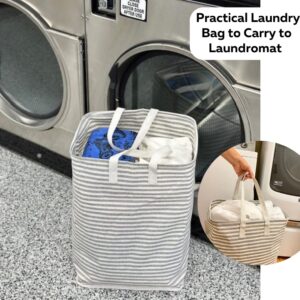 Evelots Large Laundry Hamper - Freestanding and Collapsible - Waterproof - Clothes, Toys Basket with Carry Handles - 80 Liters, 21 Gallon - Up to 4 Large Loads - Solid Wire Top Frame - Gray Striped