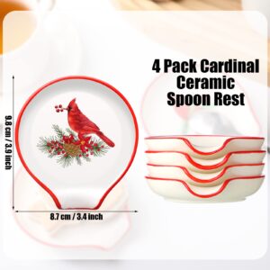 4 Pcs Cardinal Christmas Spoon Rest Set Cardinal Kitchen Decor Red Ceramic Spoon Rest for Stove Top, Winter Cardinals Birds Spoon Rest Xmas Gift for Cooking Utensil Holder Kitchen Counter Decor