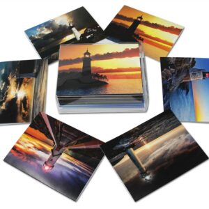 Small World Greetings Lighthouse Sunsets Notecards 12 Count - Blank Inside with Envelopes - Nature Stationery - Thank You, Birthday, Thinking Of You, and More - A2 Size (5.5”x4.25”)