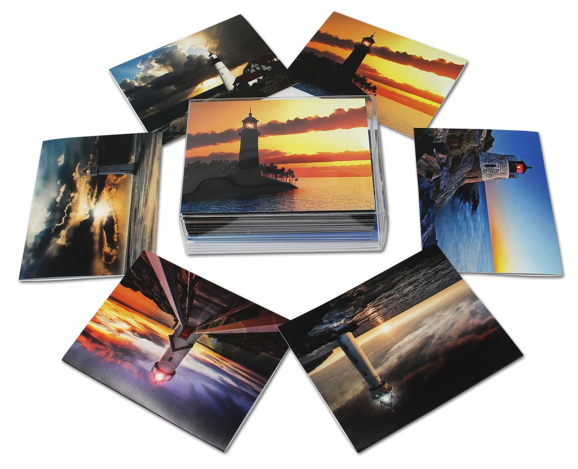 Small World Greetings Lighthouse Sunsets Notecards 12 Count - Blank Inside with Envelopes - Nature Stationery - Thank You, Birthday, Thinking Of You, and More - A2 Size (5.5”x4.25”)