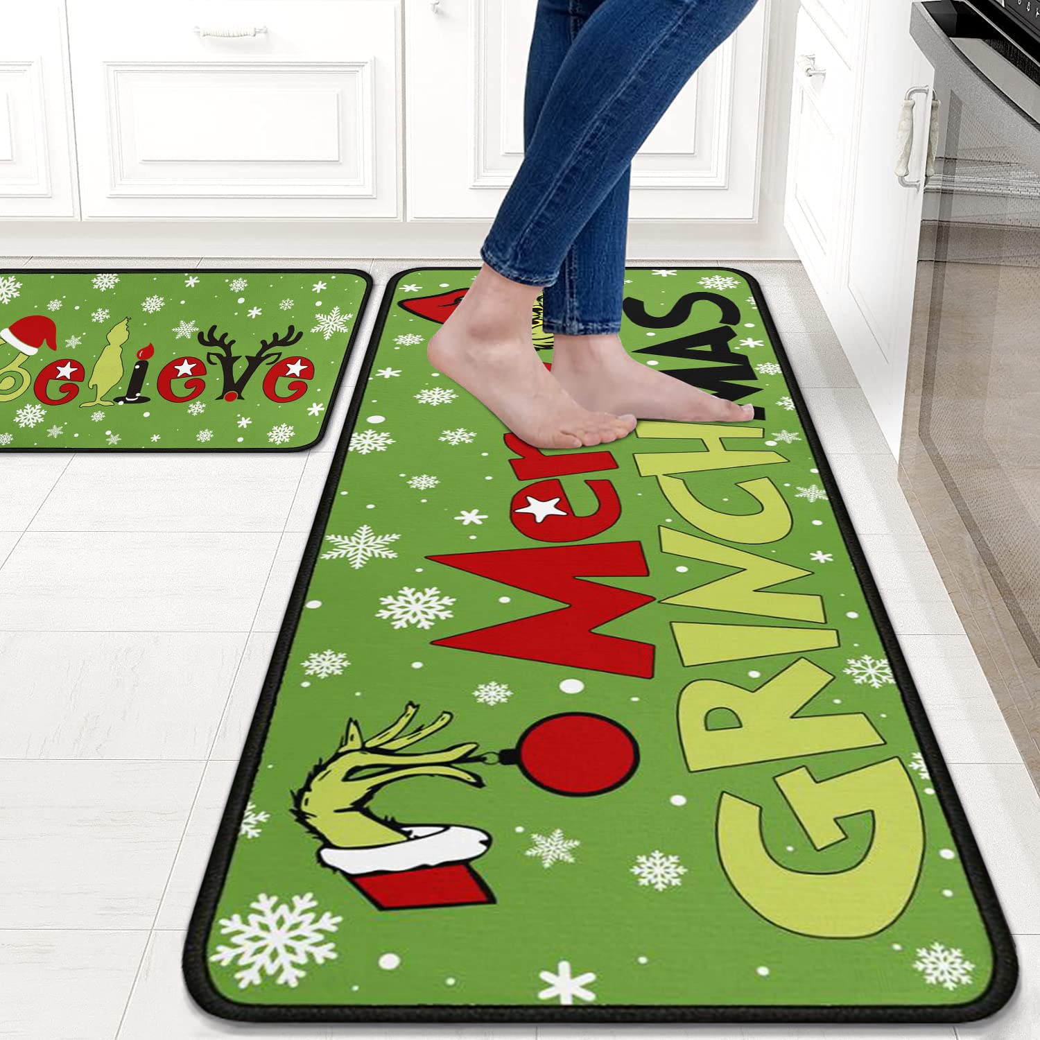 Faptoena Merry Grinchmas Christmas Kitchen Rugs and Mats Set of 2,Christmas Kitchen Decoration,Non Slip Absorbent Kitchen Mat Waterproof Runner Rug for Laundry Room and Sink