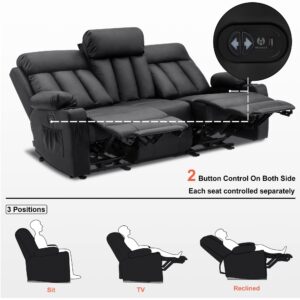 MCombo Power Reclining Sofa with Heat and Vibration,USB Ports, Cup Holders,3-Seat Dual Recliner Sofa for Living Room 6077(Black, Reclining Sofa)