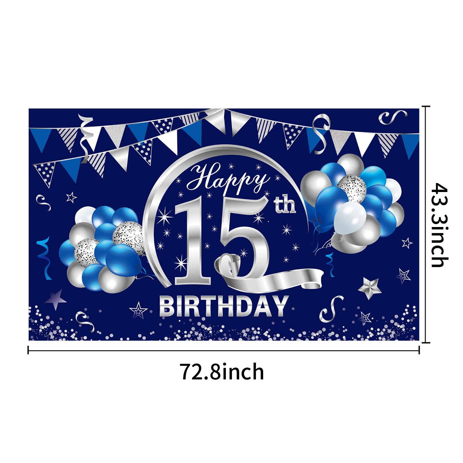 Kauayurk Blue Silver 15th Birthday Banner Decorations for Boys, Happy 15 Birthday Backdrop Party Supplies, Fifteen Birthday Poster Photo Props Background Sign Decor