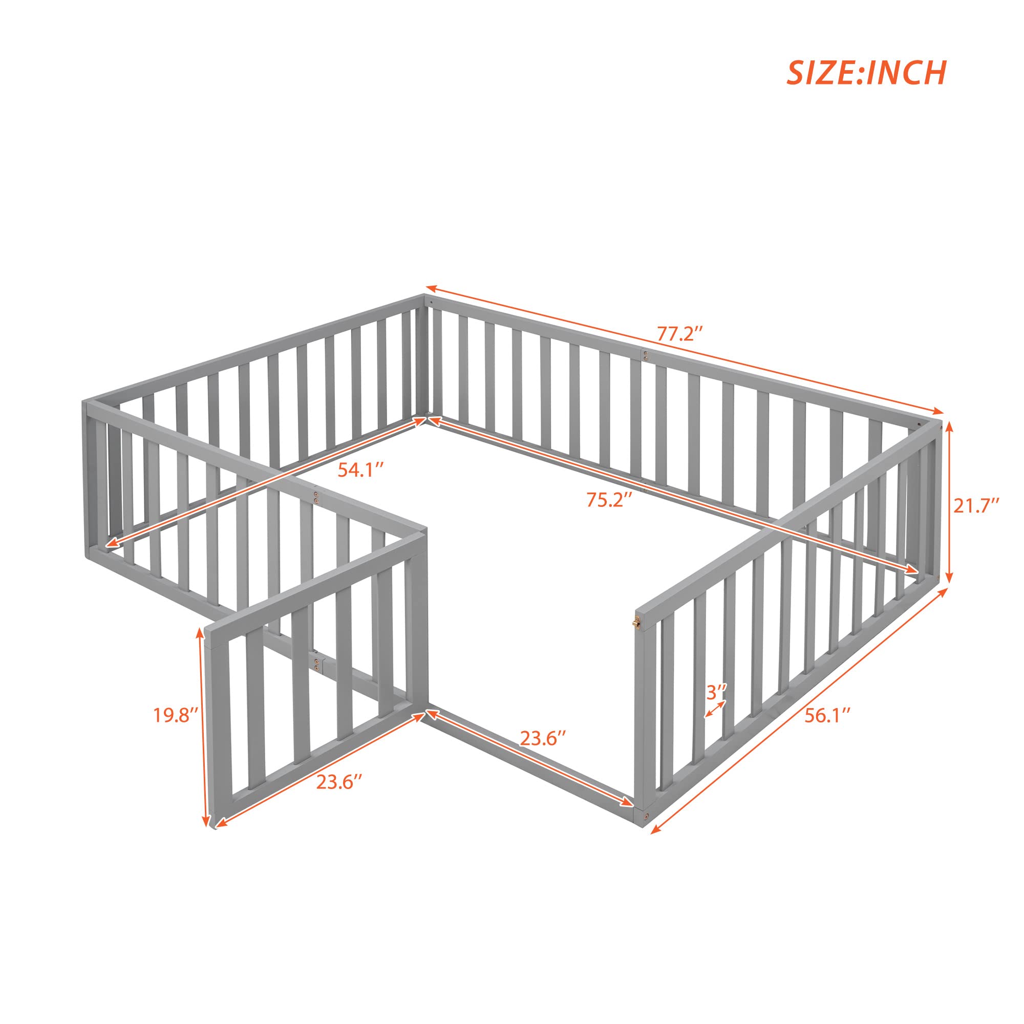 LZ LEISURE ZONE Full Size Platform Bed with Fence, Solid Wood Floor Bed Frame with Door, Full Size Daybed Fram, Gray