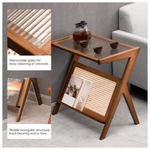 RêveLife Rattan End Table with Magazine Rack Glass-top Bamboo Sofa Side Table Accent Bedside Nightstand Boho Z Shaped Coffee Table for Bedroom Living Room Small Space, Walnut