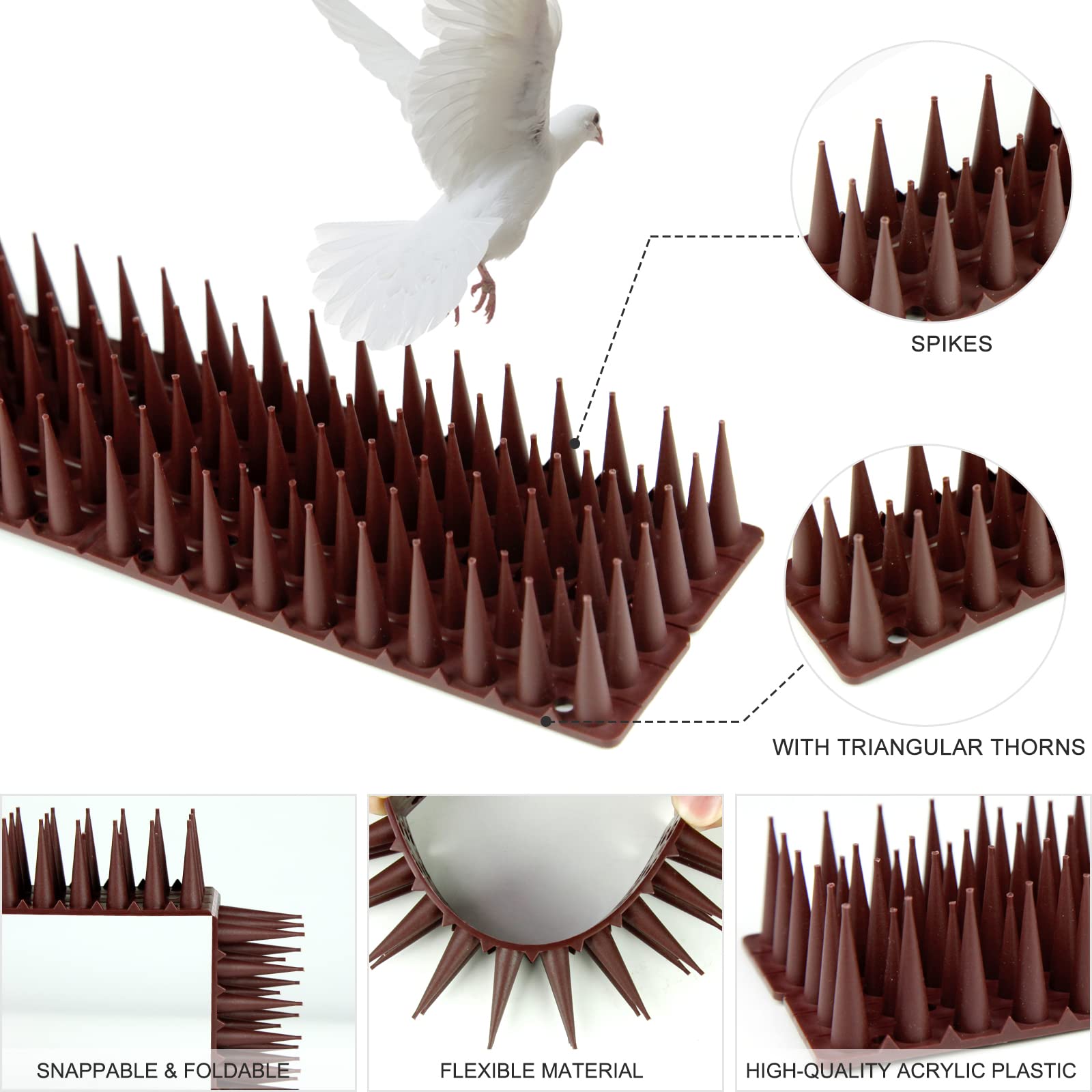 8 Pack Bird Spikes - 17 x 1.57 x 1.38 Inch Plastic Bird Deterrent Spikes - Bird Deterrent Spikes Keep Pigeon, Squirrel, Raccoon, Cats, Crow Away - Anti-Bird Spikes Fence for Railing and Roof (Brown)