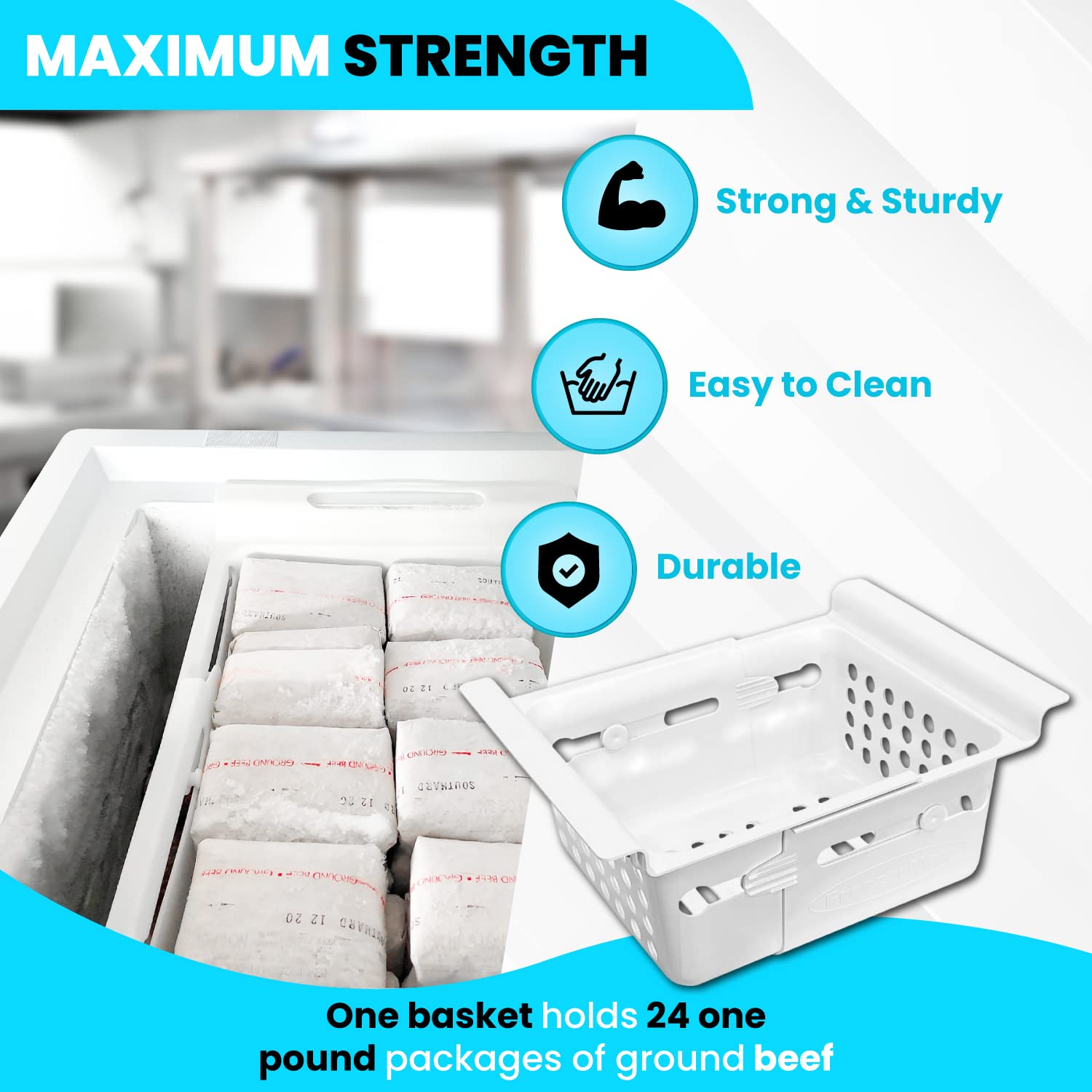 FreezerMax System. Organizer for Freezers 8 to 15 cubic feet. Creates 3 levels of sliding baskets. 8 bins and magnetic organizer. PLEASE MEASURE YOUR FREEZER BEFORE ORDERING.