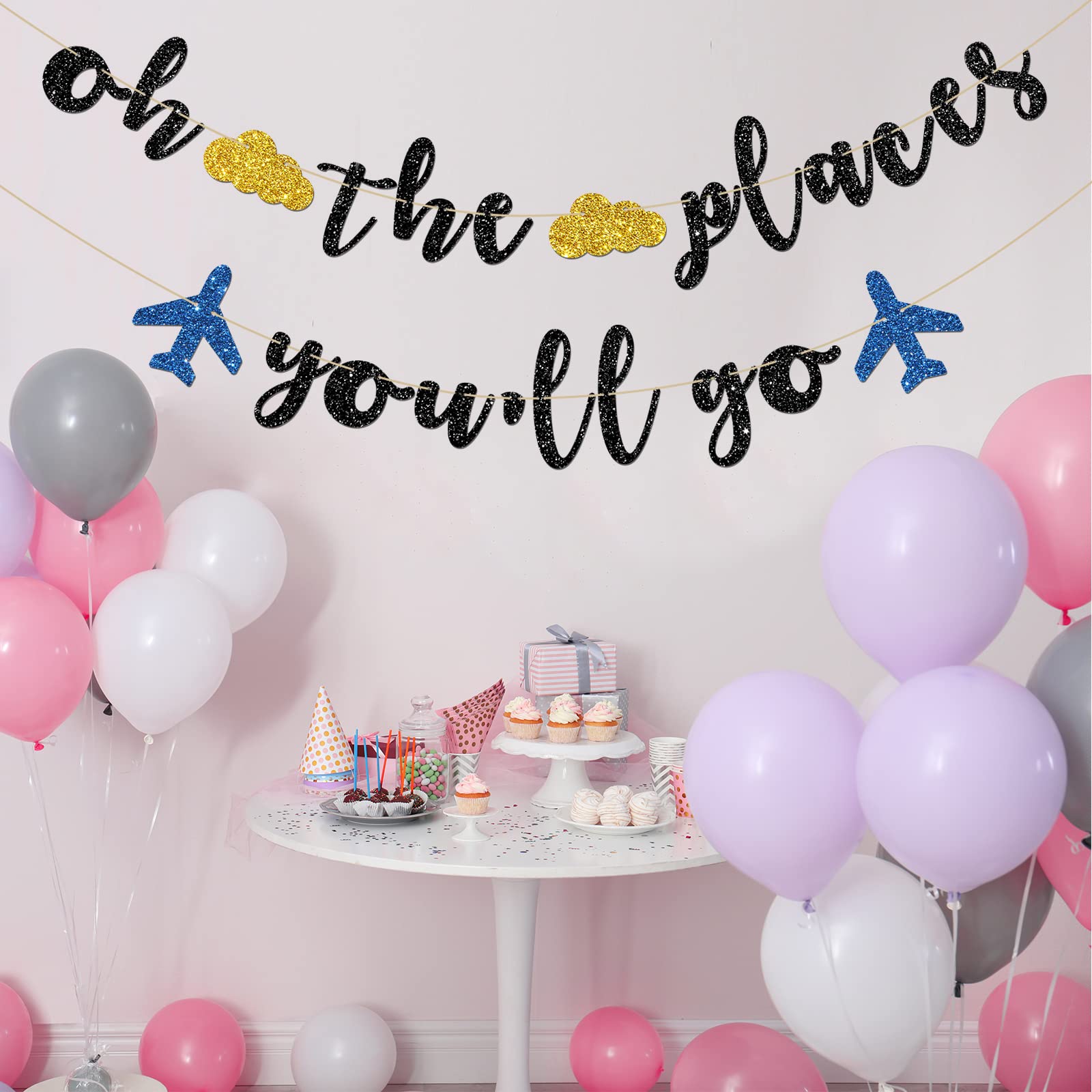 INNORU Oh The Places You'll Go Banner - Travel Theme Farewell Party Bunting Decor - Bon Voyage - Birthday Anniversary Graduation Baby Shower Party Decorations, Black Glitter