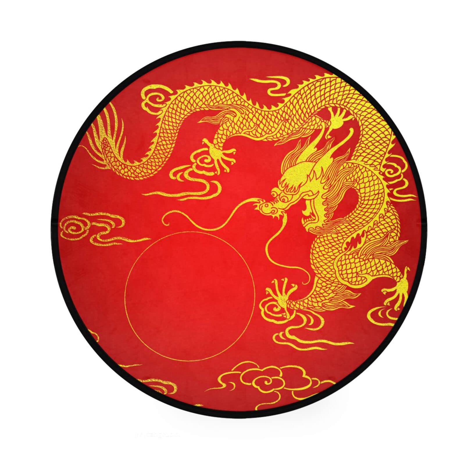 ALAZA Dragon Gold Red Chinese Round Area Rug,Non Slip Absorbent Comfort Round Rug,Washable Floor Carpet Yoga Mat for Entryway Living Room Bedroom Sofa Home Decor