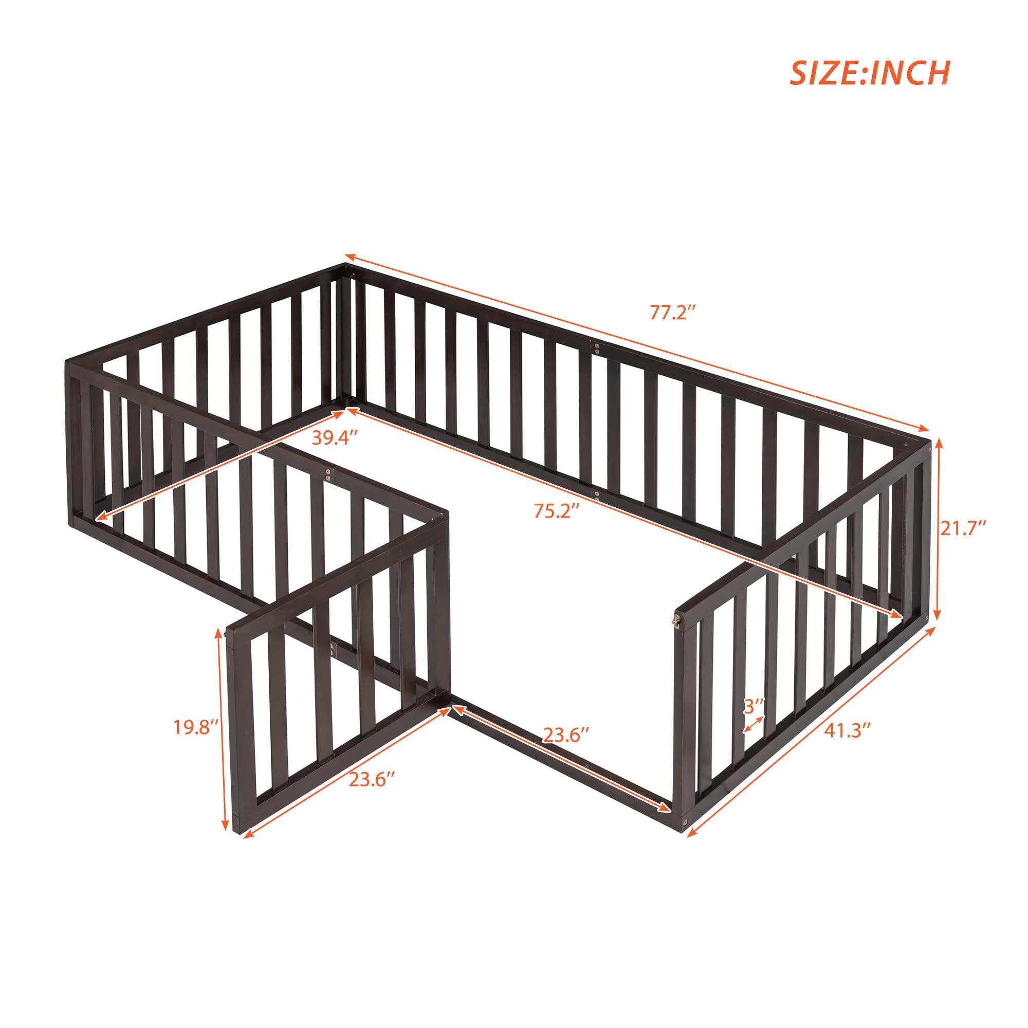 LZ LEISURE ZONE Twin Size Platform Bed with Fence, Solid Wood Floor Bed Frame with Door, Twin Size Daybed Fram, Espresso