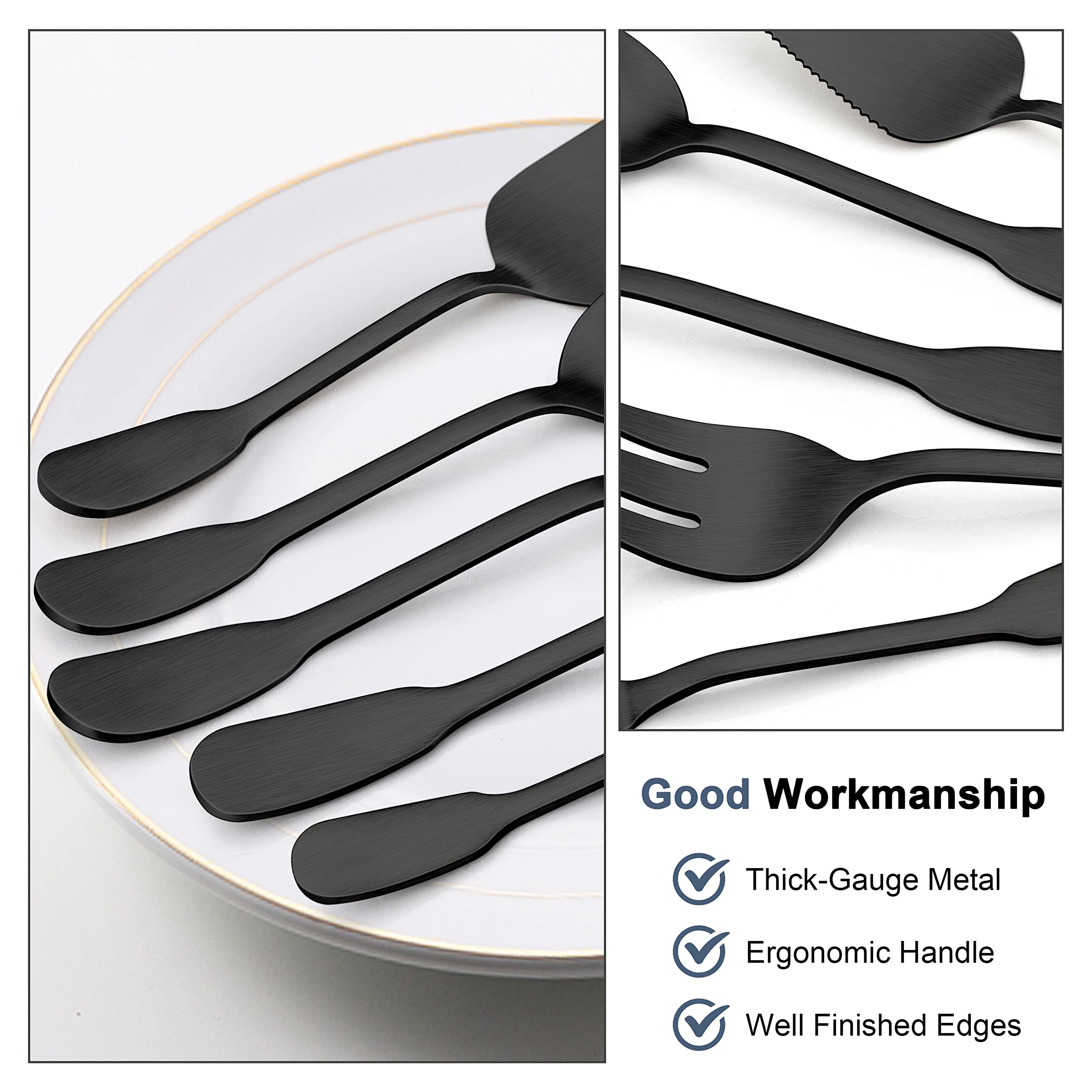 Matte Black Serving Utensils Set of 5, E-far Stainless Steel Serving Spoons, Slotted Serving Spoon, Serving Fork, Butter Spreader, Pie Server for Parties, Wide Handle & Thick Gauge, Dishwasher Safe