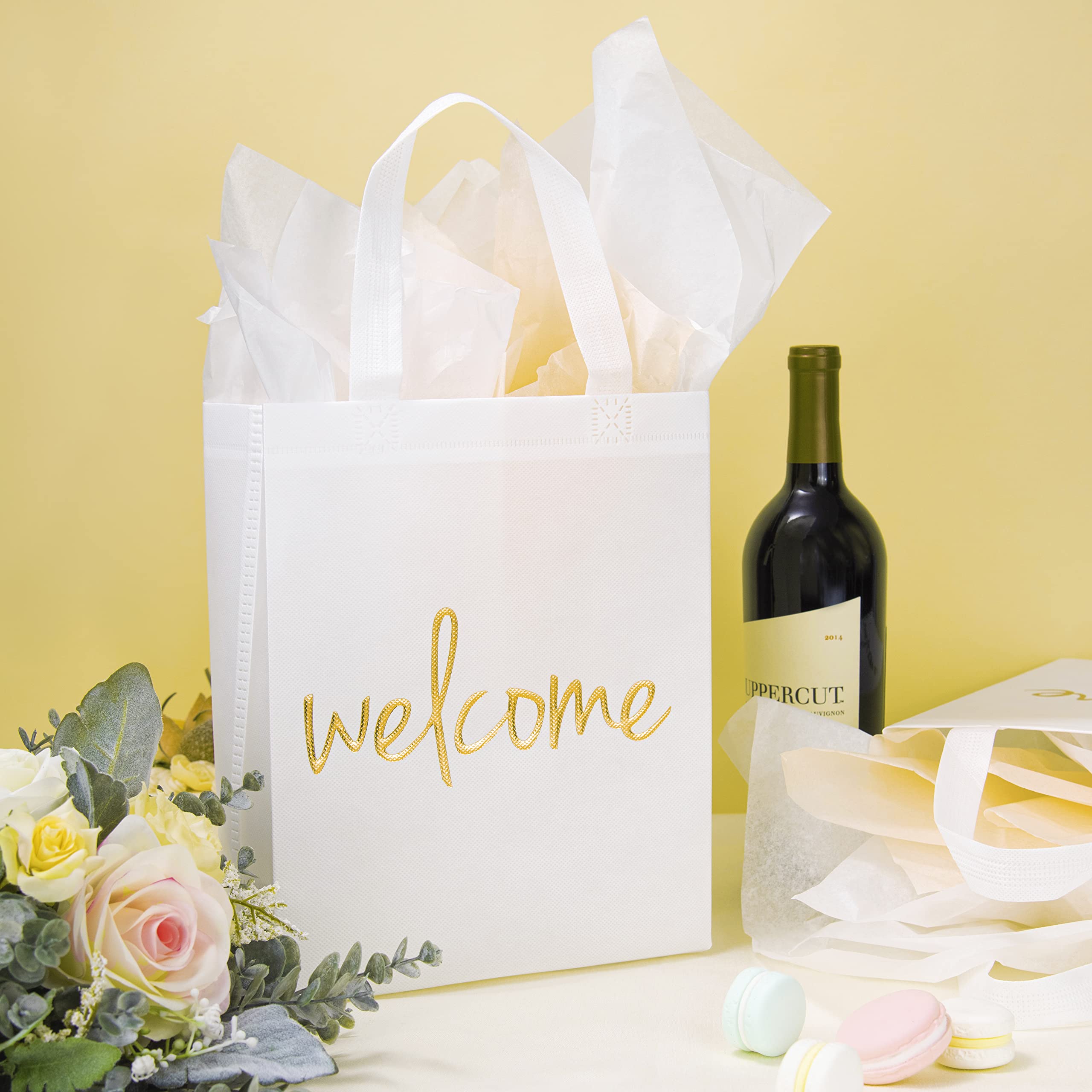 Crisky Reuseable White Gold Welcome Bags for Wedding Birthday Party, 25 Counts Medium Size Eco-Friendly Non-Woven Guest Gift Bags, 11x4x9 Inches