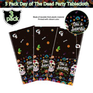 3 Pack Day of The Dead Party Tablecloth Decorations, Dia De Los Muertos Decor, Plastic Mexican Sugar Skull Floral Table Cover Backdrop for Halloween Mexican Fiesta Birthday Party Supplies, 54x108 Inch