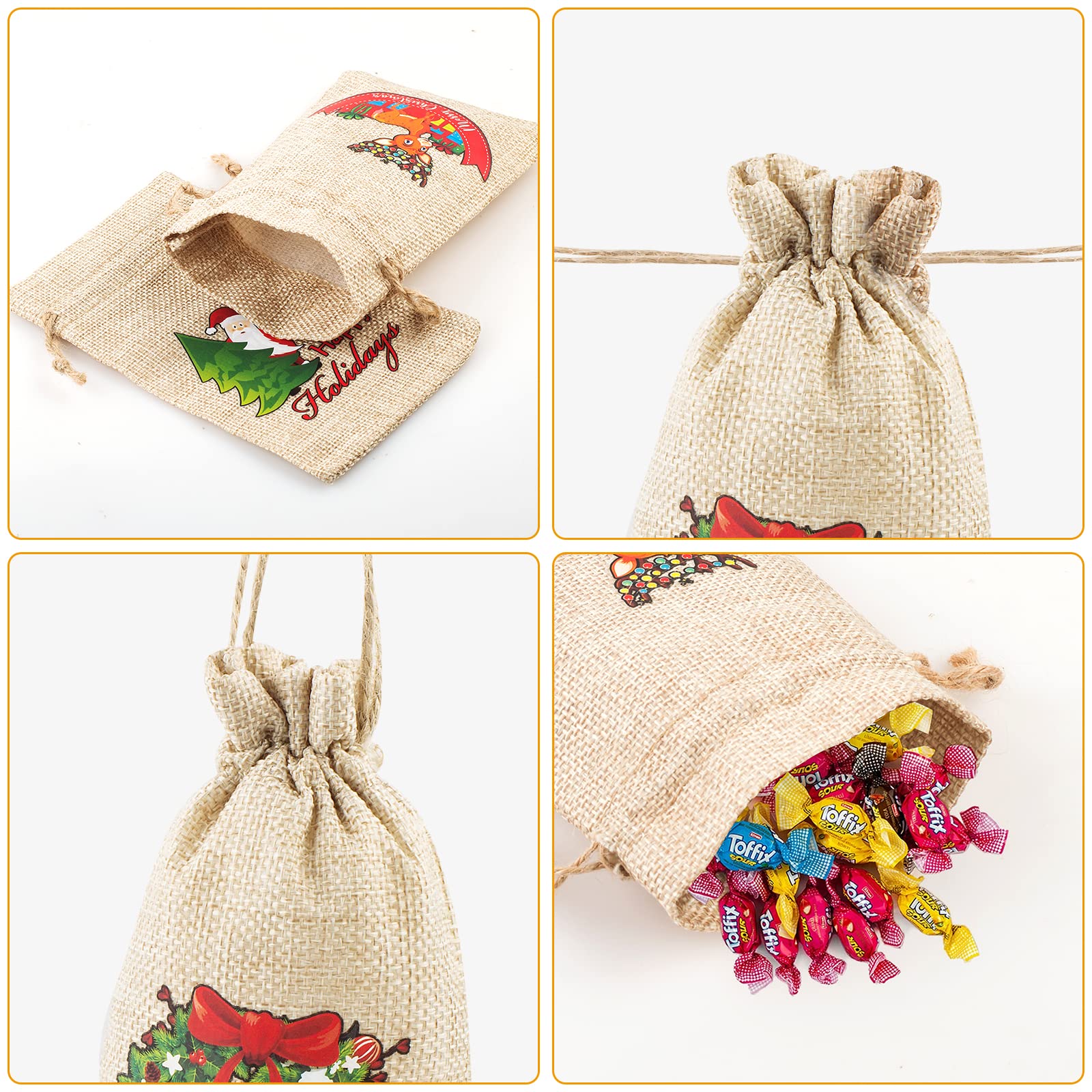 FloraSea 24 Pieces Christmas Burlap Gift Bags, Small Christmas Gift Bags, Christmas Burlap Treat Bags with Drawstrings(4x6 inches, 8 Designs Styles)