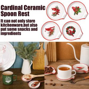 4 Pcs Cardinal Christmas Spoon Rest Set Cardinal Kitchen Decor Red Ceramic Spoon Rest for Stove Top, Winter Cardinals Birds Spoon Rest Xmas Gift for Cooking Utensil Holder Kitchen Counter Decor