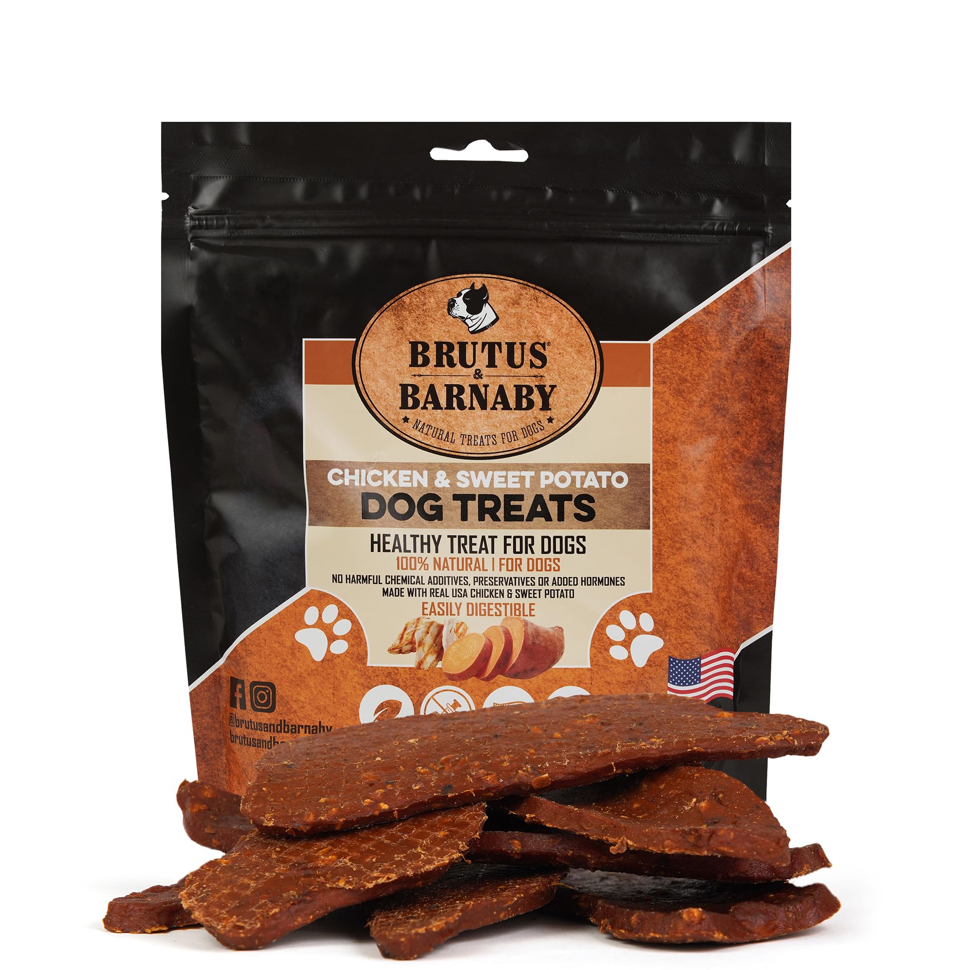 BRUTUS & BARNABY Chicken & Sweet Potato Jerky Dog Treats - Grain-Free, Preservative-Free, No Fillers - All Natural USA Chicken & Sweet Potato, High in Antioxidants - Healthy, Tasty Treat for Dogs