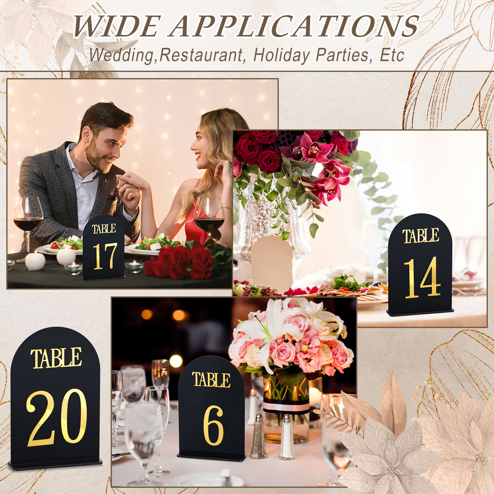 20 Pcs Table Numbers 1-20 Wedding Table Numbers Blank Acrylic Table Numbers Gold Table Numbers for Wedding Reception Stands Seat Numbers with Holder Base for Catering (Arched Style)