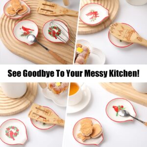 4 Pcs Cardinal Christmas Spoon Rest Set Cardinal Kitchen Decor Red Ceramic Spoon Rest for Stove Top, Winter Cardinals Birds Spoon Rest Xmas Gift for Cooking Utensil Holder Kitchen Counter Decor