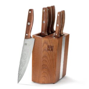 knife set, 7 pieces knife block set, euna kitchen knife set with wooden handle, japanese stainless steel chef knife set professional cooking knives, silver