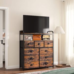 EnHomee Dresser, Tall Dressers for Bedroom with 9 Drawers, Dressers & Chests of Drawers for Bedroom with 2 Open Shelves and Metal Frame, Large Tall Bedroom Dresser for Bedroom, Closet, Rustic Brown