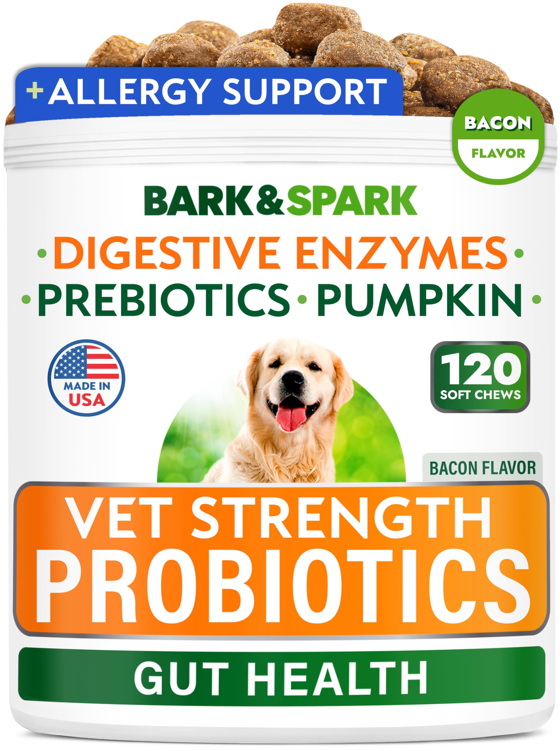 Bark&Spark Vet Strength Dog Probiotics Chews & Digestive Enzymes for Allergies Itchy Skin - Dogs Digestive Health - Gas, Diarrhea, Constipation Relief Pills - Prebiotics for Dogs Gut Health (120 Ct)