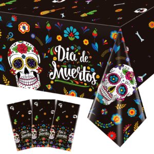 3 pack day of the dead party tablecloth decorations, dia de los muertos decor, plastic mexican sugar skull floral table cover backdrop for halloween mexican fiesta birthday party supplies, 54x108 inch