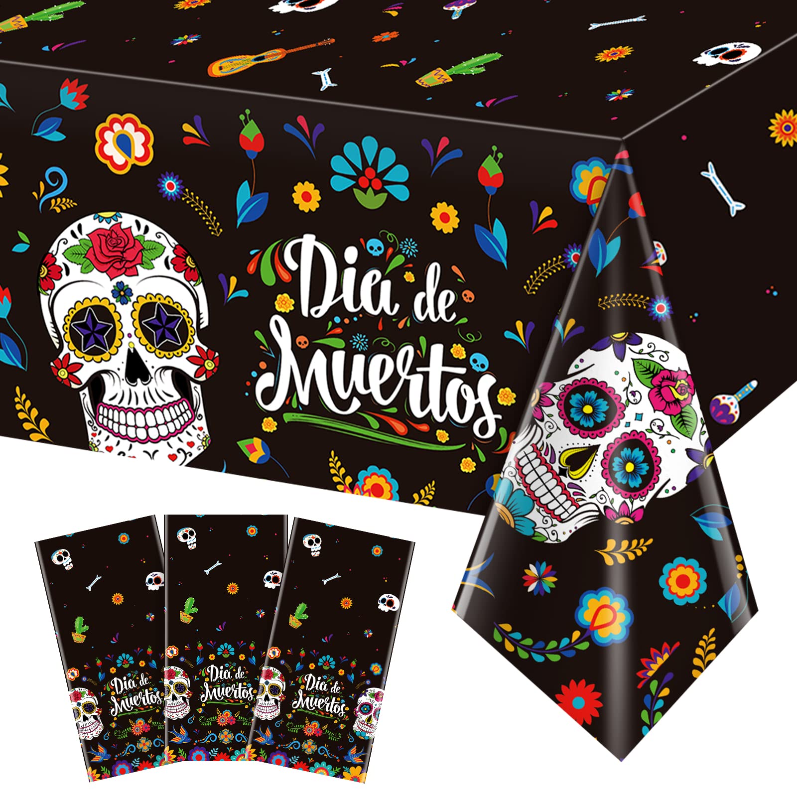 3 Pack Day of The Dead Party Tablecloth Decorations, Dia De Los Muertos Decor, Plastic Mexican Sugar Skull Floral Table Cover Backdrop for Halloween Mexican Fiesta Birthday Party Supplies, 54x108 Inch