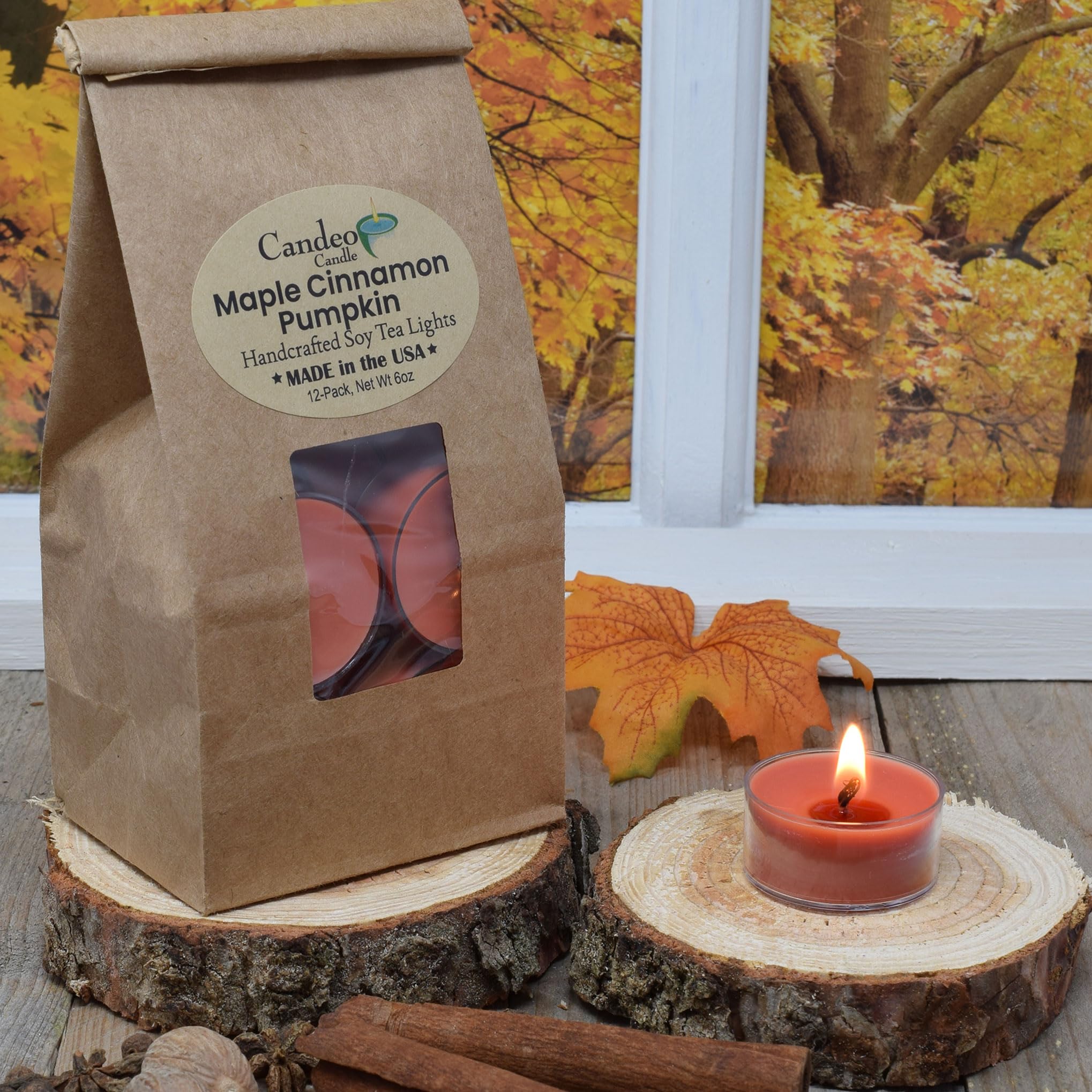 Maple Cinnamon Pumpkin Scented - 12 Pack - Scented Tealight Candles - Soy Beeswax Blend - Handmade in The USA - Candeo Candle - Fall Scents