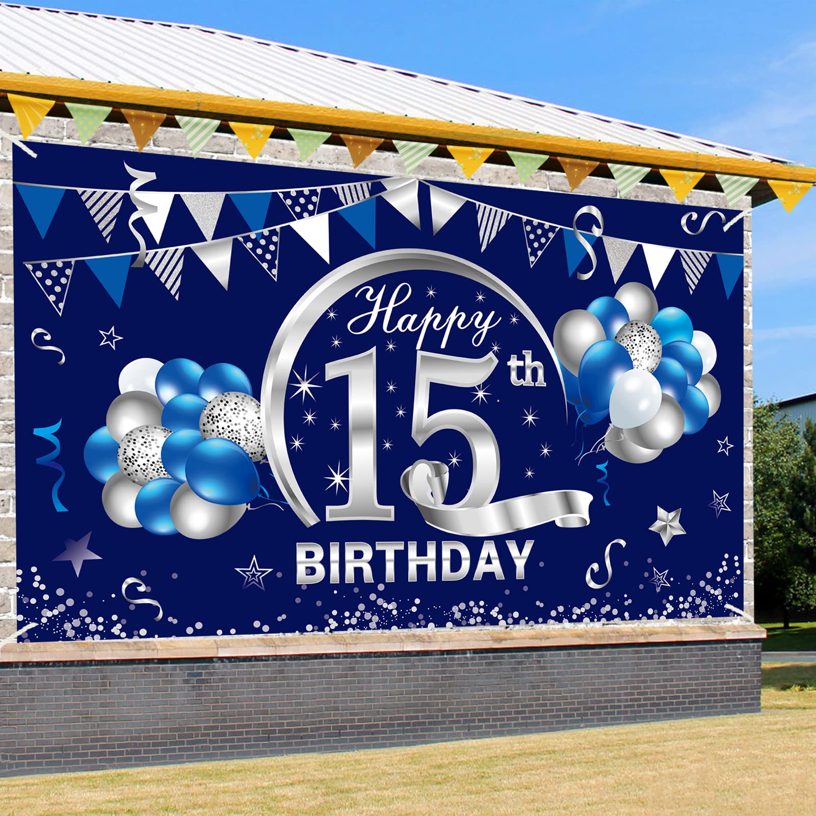 Kauayurk Blue Silver 15th Birthday Banner Decorations for Boys, Happy 15 Birthday Backdrop Party Supplies, Fifteen Birthday Poster Photo Props Background Sign Decor