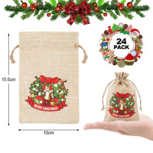 FloraSea 24 Pieces Christmas Burlap Gift Bags, Small Christmas Gift Bags, Christmas Burlap Treat Bags with Drawstrings(4x6 inches, 8 Designs Styles)