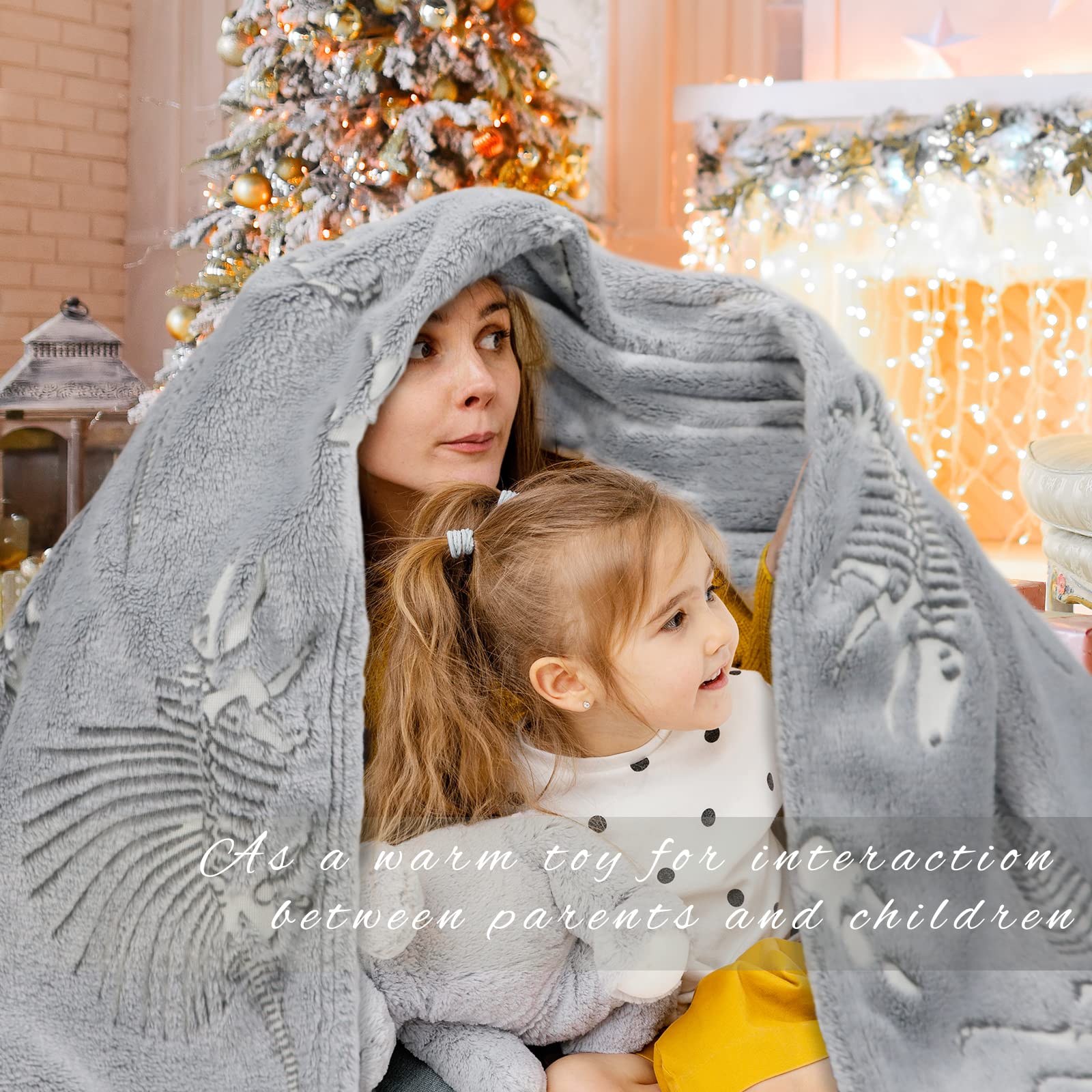 Glow in The Dark Blanket Dinosaur Throw Blanket for Boys Kids Soft Warm Cozy Cute Dino Blanket Unique Dinosaur Toys Gifts Gray Glowing Dinosaur Room Decor Blankets for Girls Teens 50"x60"