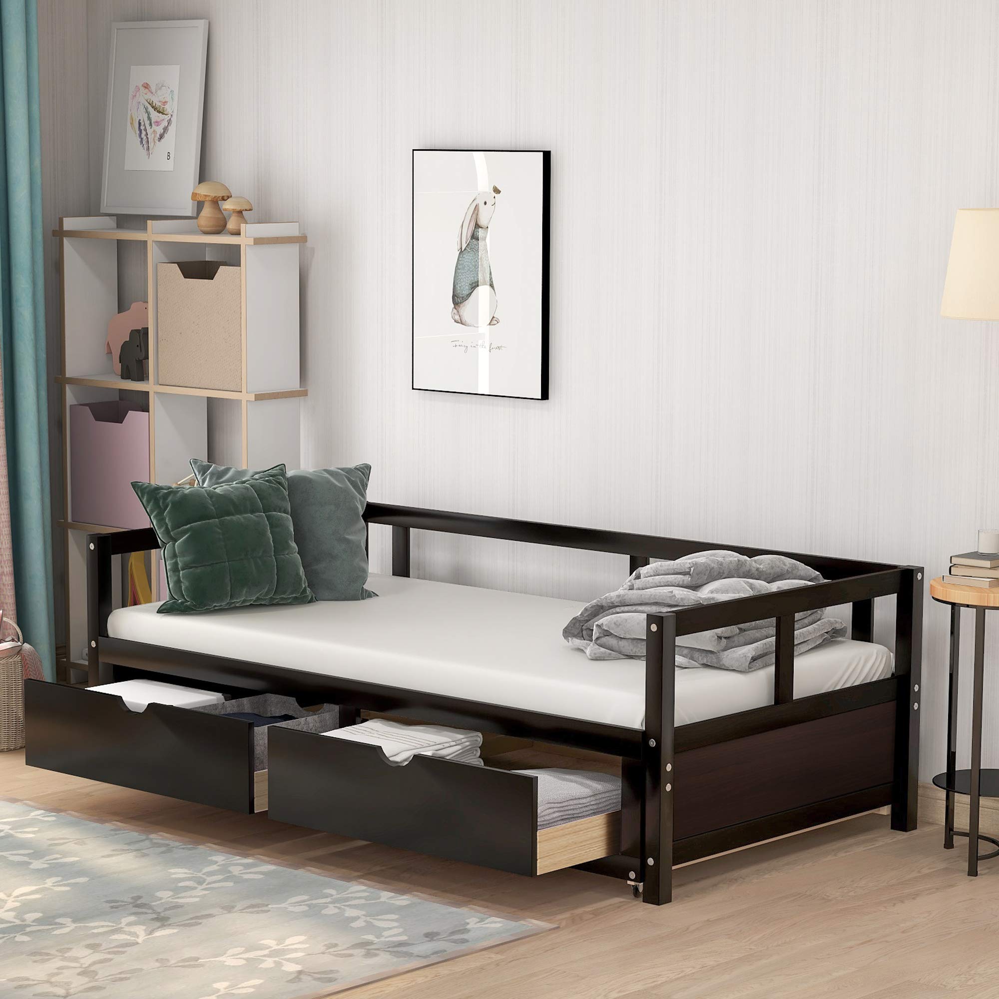 Extendable Daybed with Trundle Bed and Two Storage Drawers, Wooden Storage Daybed, Twin to King Design Extending Bed for Kids Teens Adult, No Box Spring Required (Espresso)