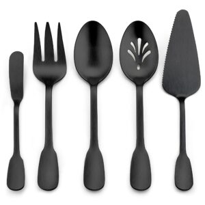 matte black serving utensils set of 5, e-far stainless steel serving spoons, slotted serving spoon, serving fork, butter spreader, pie server for parties, wide handle & thick gauge, dishwasher safe