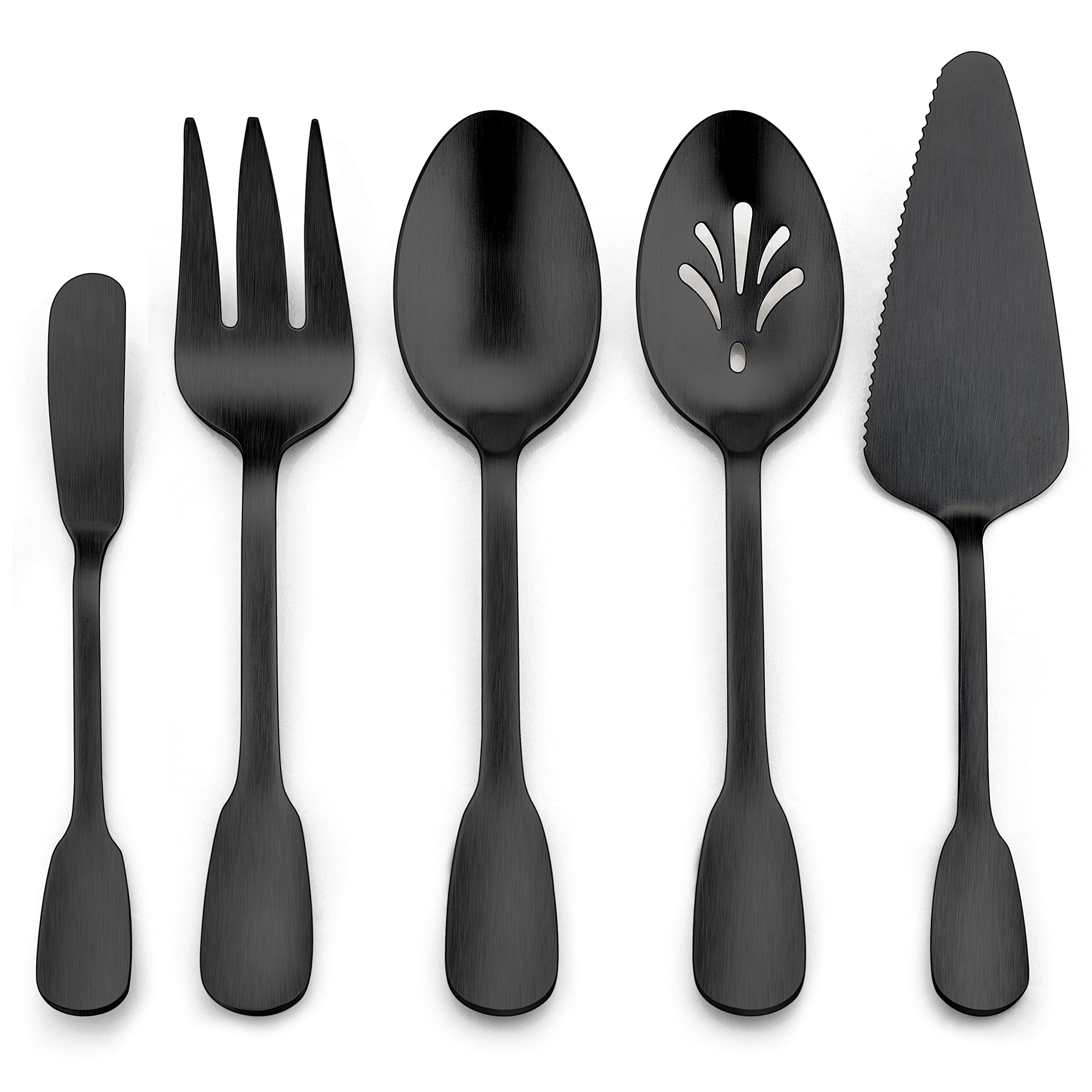 Matte Black Serving Utensils Set of 5, E-far Stainless Steel Serving Spoons, Slotted Serving Spoon, Serving Fork, Butter Spreader, Pie Server for Parties, Wide Handle & Thick Gauge, Dishwasher Safe