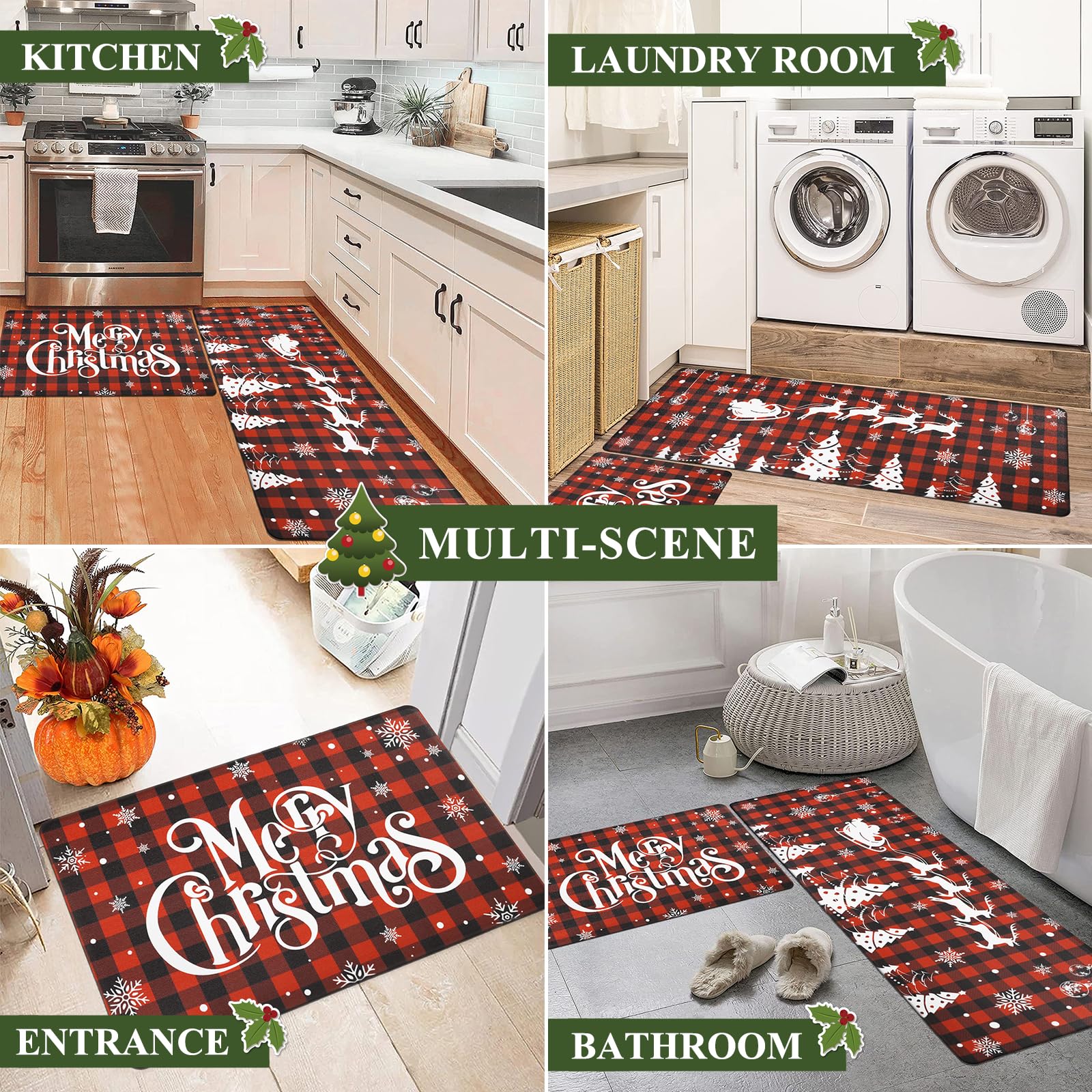 Bsmathom Christmas Anti Fatigue Kitchen Mat Set of 2, Waterproof Non-Slip Kitchen Mats and Rugs, Cushioned Buffalo Plaid Kitchen Rugs Comfort Floor Mat for Kitchen, Floor,Office, Sink, Laundry