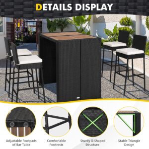 HAPPYGRILL 5 Pieces Rattan Outdoor Bar Set with Height Table & 4 Cushioned Bar Stools, Patio Bar Set Wicker Dining Set for Poolside Patio Backyard