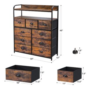 EnHomee Dresser, Tall Dressers for Bedroom with 9 Drawers, Dressers & Chests of Drawers for Bedroom with 2 Open Shelves and Metal Frame, Large Tall Bedroom Dresser for Bedroom, Closet, Rustic Brown