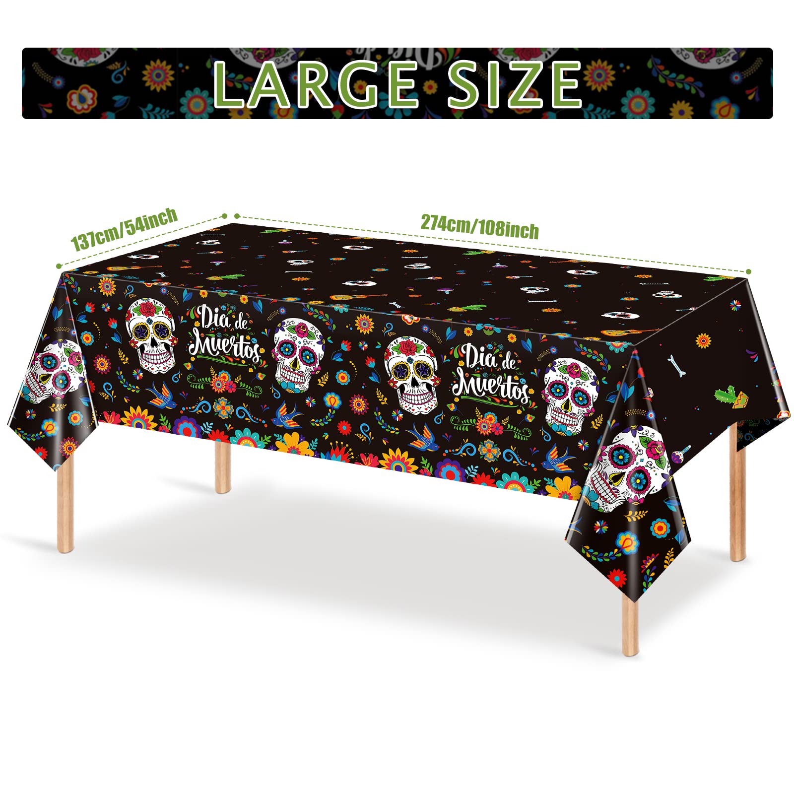 3 Pack Day of The Dead Party Tablecloth Decorations, Dia De Los Muertos Decor, Plastic Mexican Sugar Skull Floral Table Cover Backdrop for Halloween Mexican Fiesta Birthday Party Supplies, 54x108 Inch