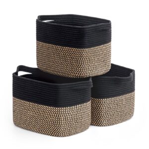 goodpick black woven rope basket set of 3, shelf storage baskets for books, towels, clothes, rectangle decorative basket for living room, bedroom, toy bin for nursery